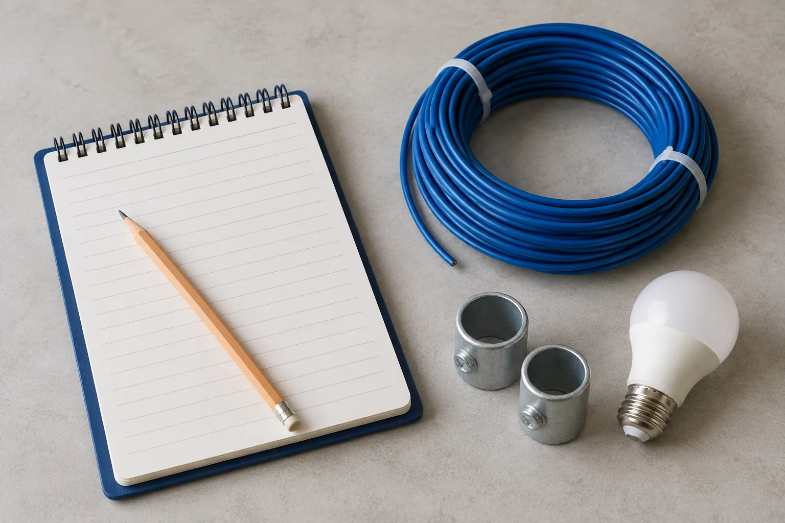 Ilustración de materiales eléctricos organizados junto a una libreta para preparar una cotización.