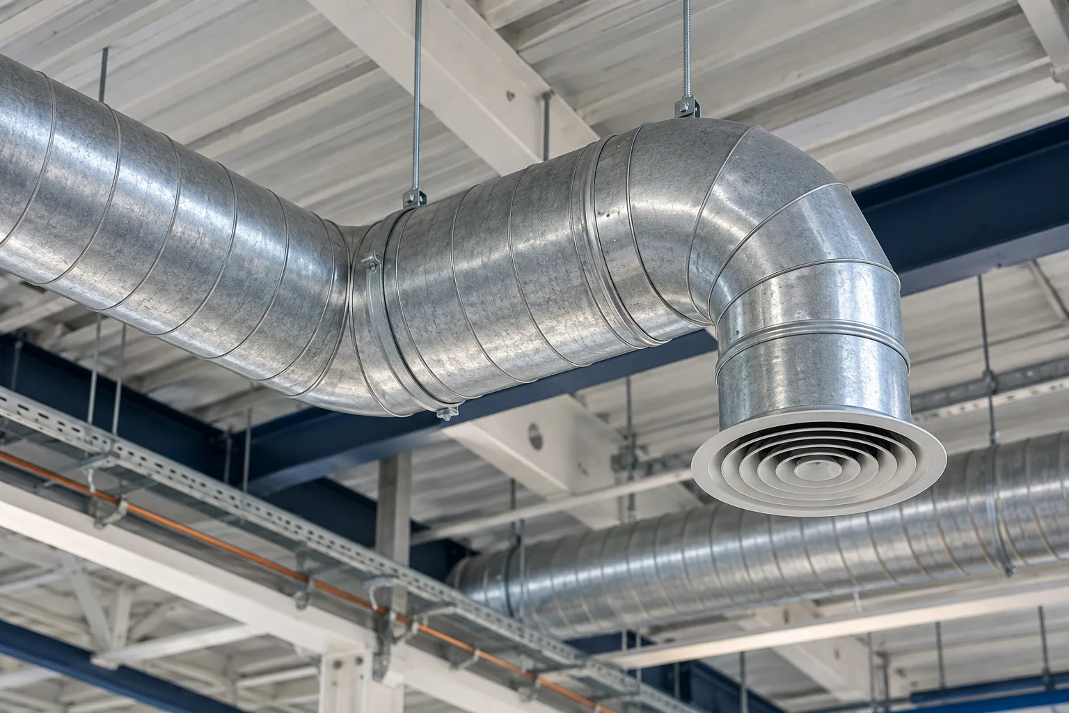 Ilustración de ductos metálicos de ventilación suspendidos en un edificio.