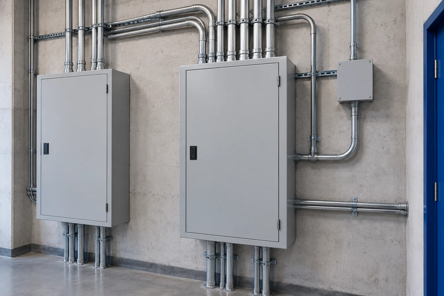 Ilustración de tableros eléctricos cerrados y canalizaciones en un cuarto técnico.
