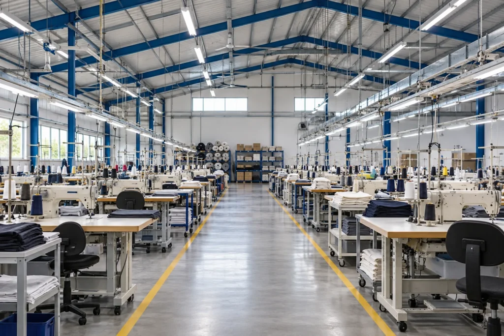 Ilustración de una nave de manufactura con puestos de producción y pasillos.