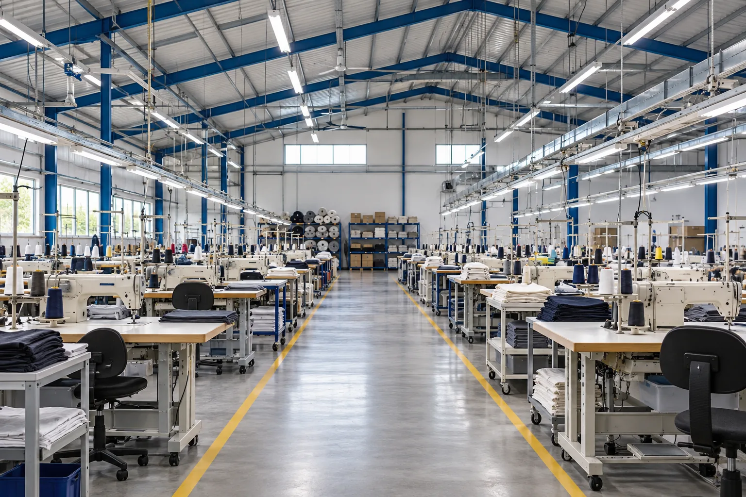 Ilustración de una nave de manufactura con puestos de producción y pasillos.