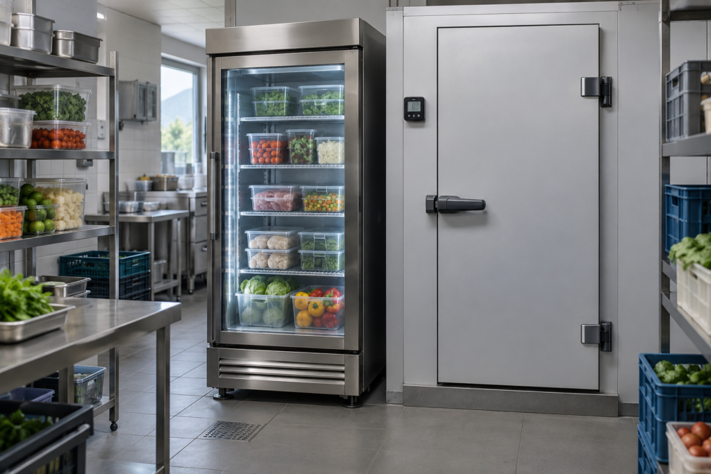 Imagen ilustrativa de refrigeradores comerciales con inventario organizado y monitoreo de temperatura.