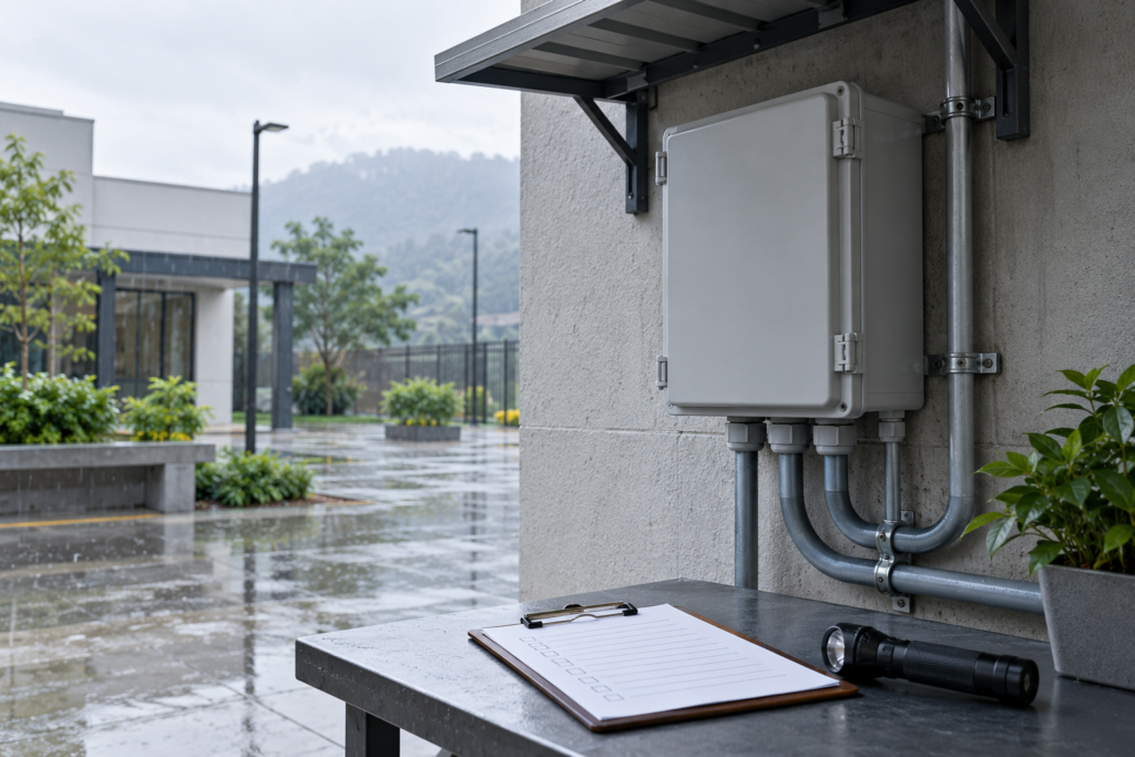 Imagen ilustrativa de un gabinete eléctrico protegido de la lluvia y una lista de revisión.