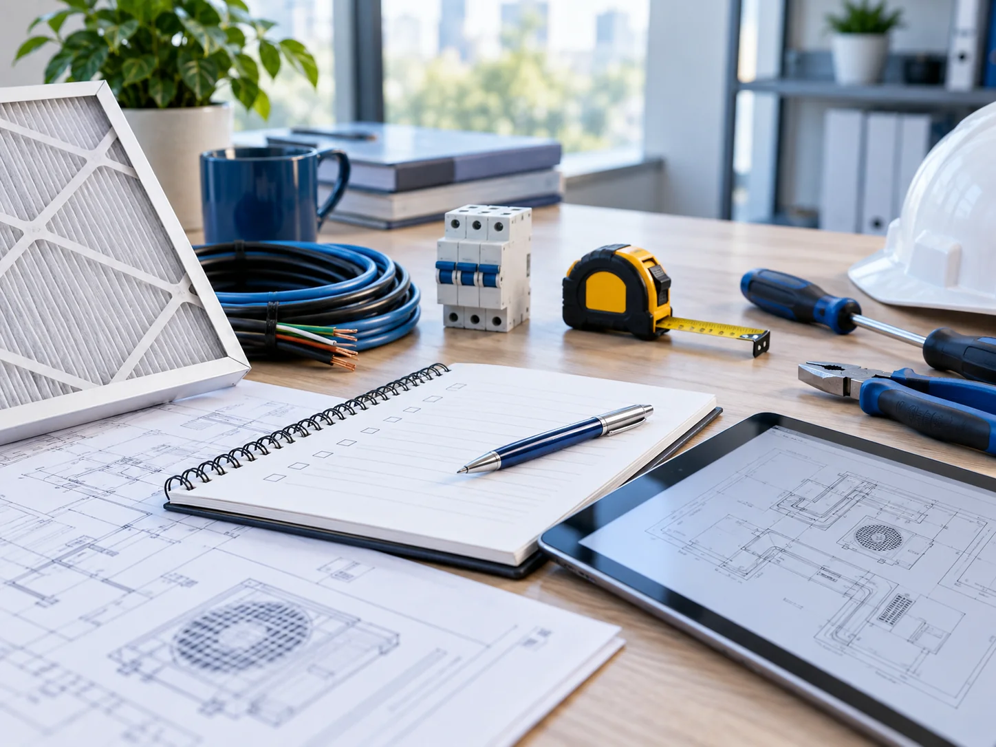 Mesa de trabajo técnico con filtro de climatización, cables, breakers, herramientas, planos y checklist.