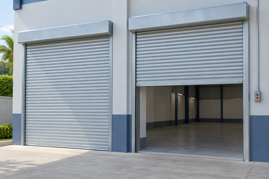 Ilustración de dos cortinas metálicas comerciales, una cerrada y otra parcialmente abierta con control eléctrico.