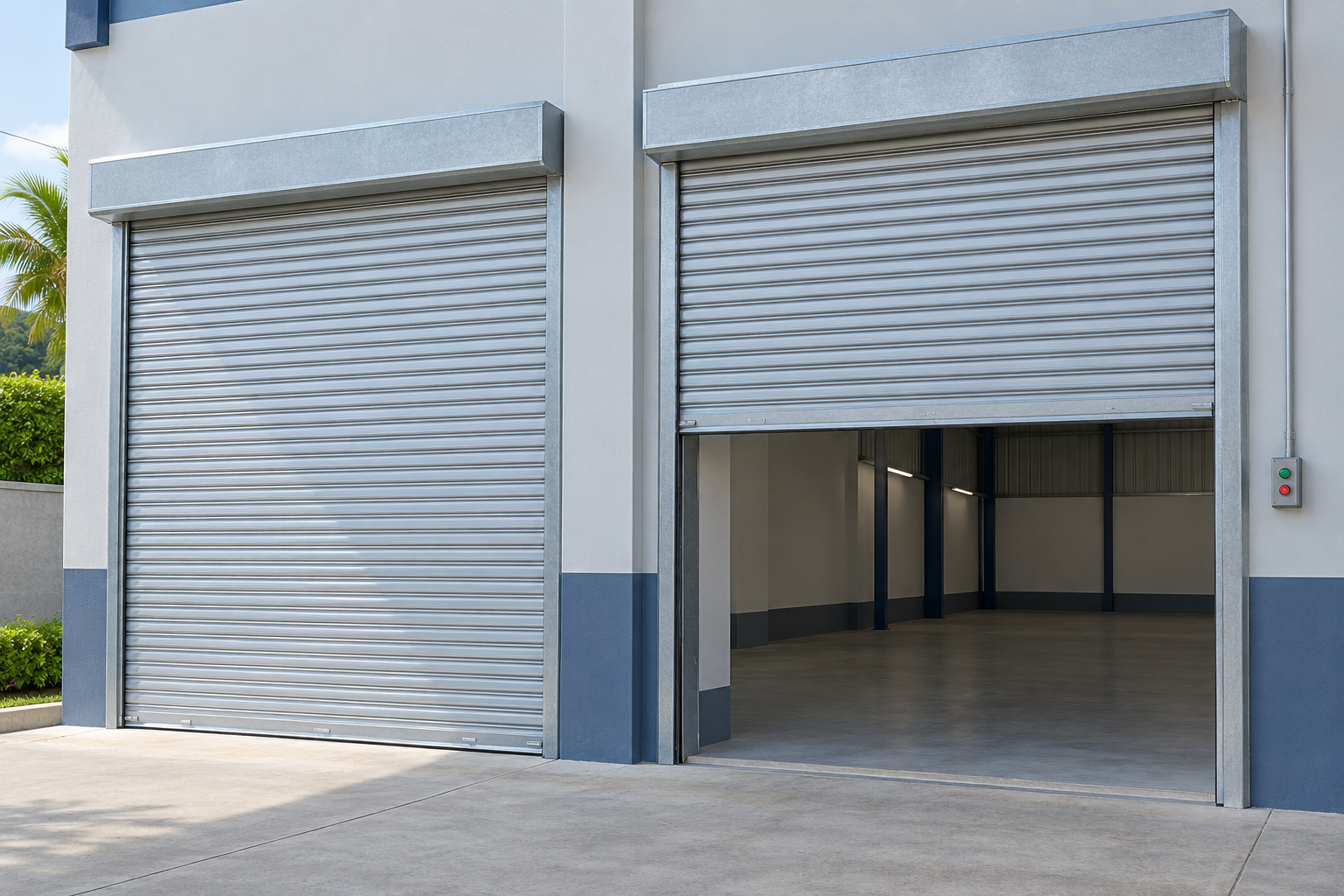 Ilustración de dos cortinas metálicas comerciales, una cerrada y otra parcialmente abierta con control eléctrico.