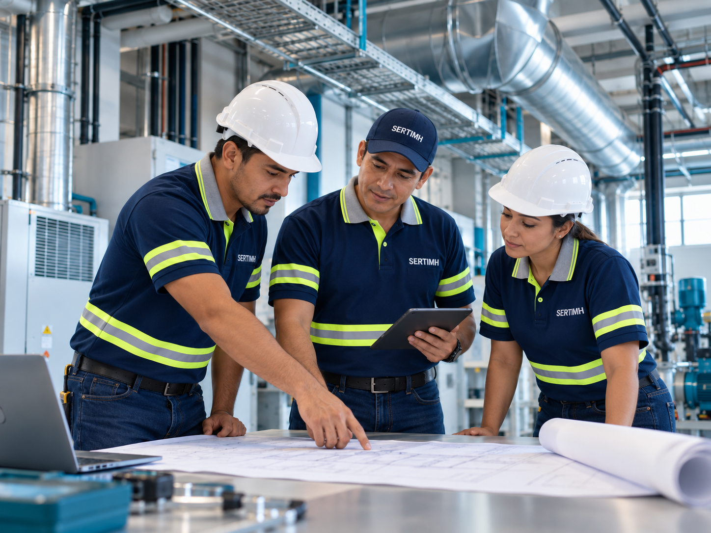 Imagen ilustrativa de un equipo técnico latino con uniforme SERTIMH revisando planos en un ambiente industrial.